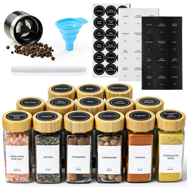Jarros para especias AOZITA, 14 unidades, vidrio cuadrado con tapas de bambú, 120 ml