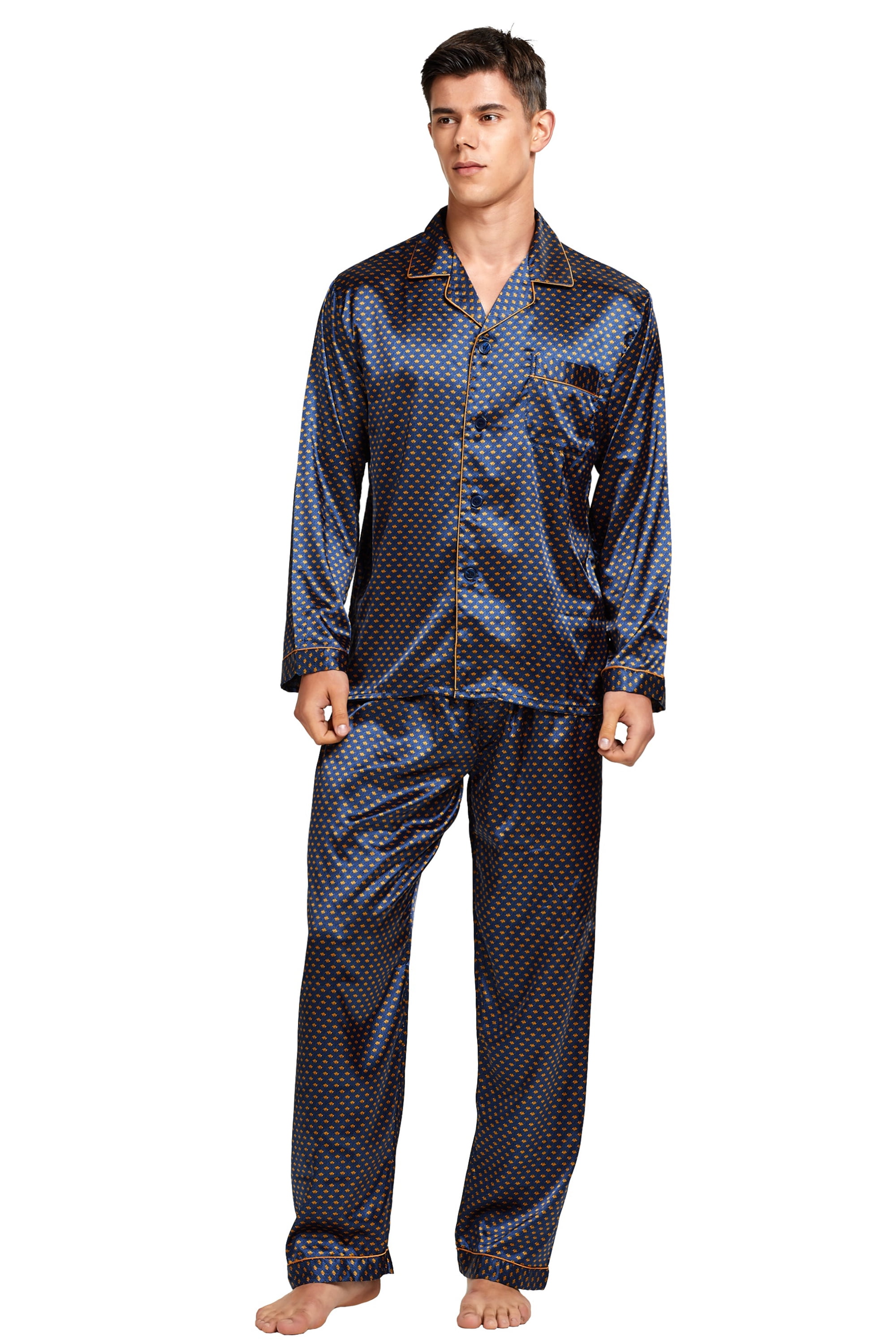 Tony & Candice Men's Classic Satin Pajama Set Adult Sleepwear (Blue ...