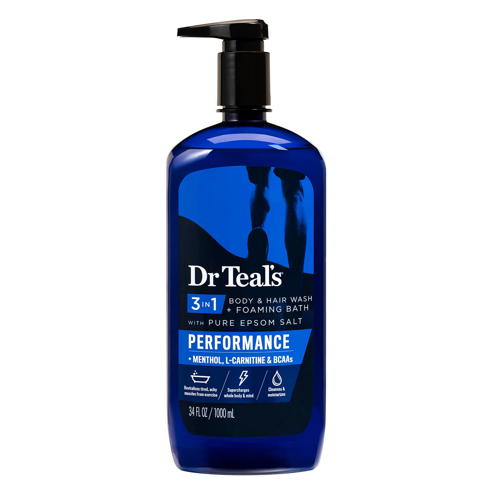 Dr Teal's 3-in-1 Body & Hair Wash + Foaming Bath with Pure Epsom Salt, Performance with Menthol, L-Carnitine & BCAAs, 34 fl oz