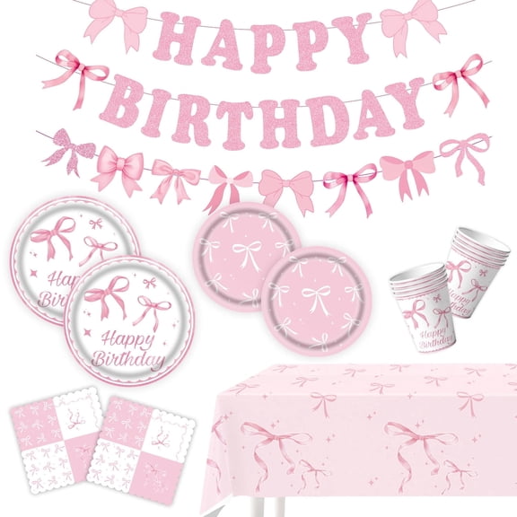 Pink Bow Birthday Decorations (Serves 10), Plates And Napkins CupsKnifes Forks Banner Tablecloth Balloons Bow Theme Tableware for Girls Bachelorette Party Deco