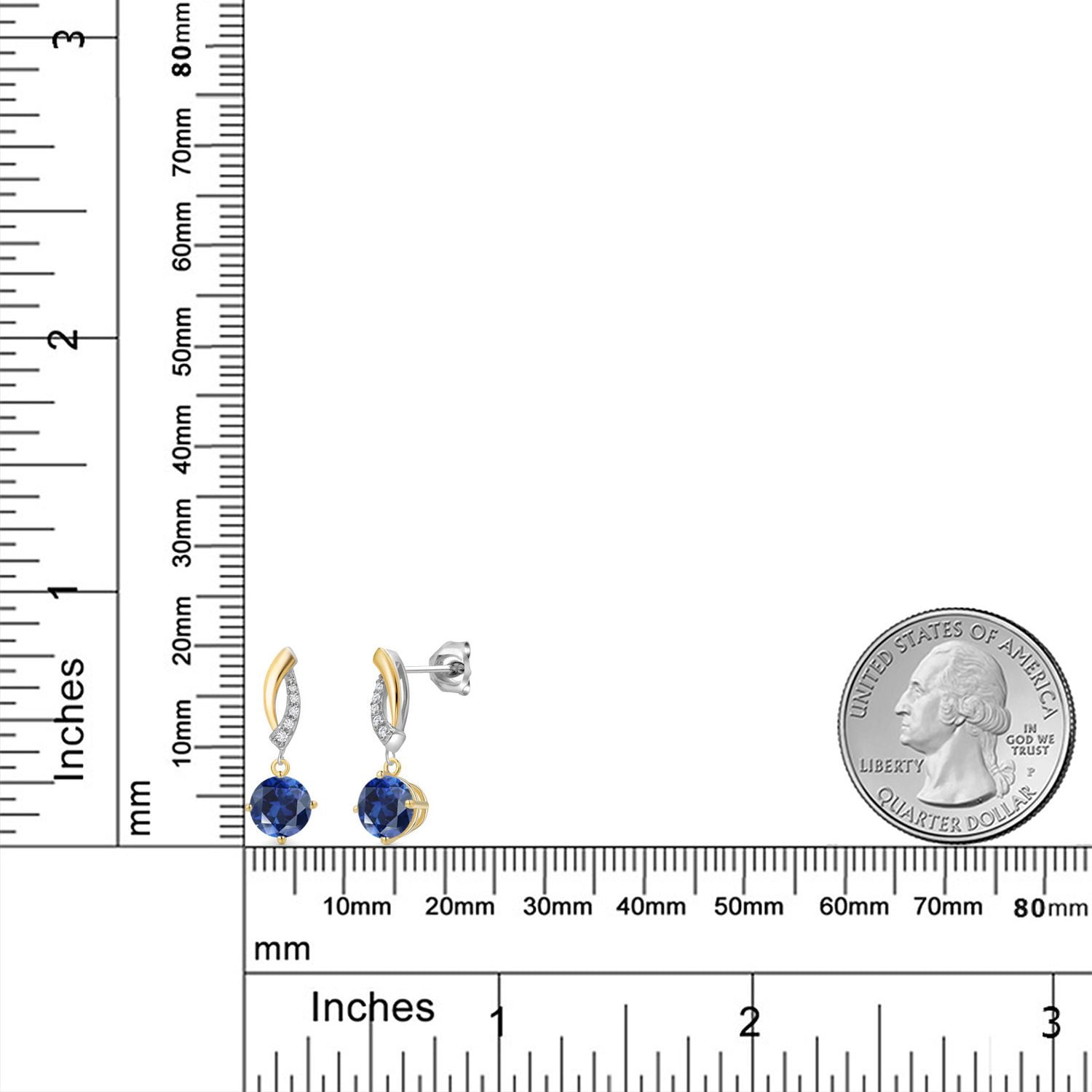 Gem Stone King 925 Silver and 10K Yellow Gold Blue Created Sapphire and White Lab Grown Diamond Dangle Earrings for Women | 2.05 Cttw | Gemstone September Birthstone | Round 6MM