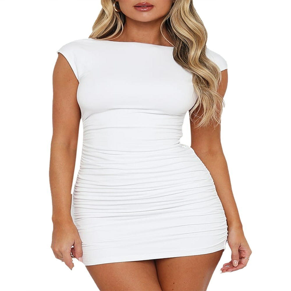Women s Casual 1 4 Sleeve Slim Fitted Mini Dress Basic Backless Ruched Bodycon Party Dress Walmart