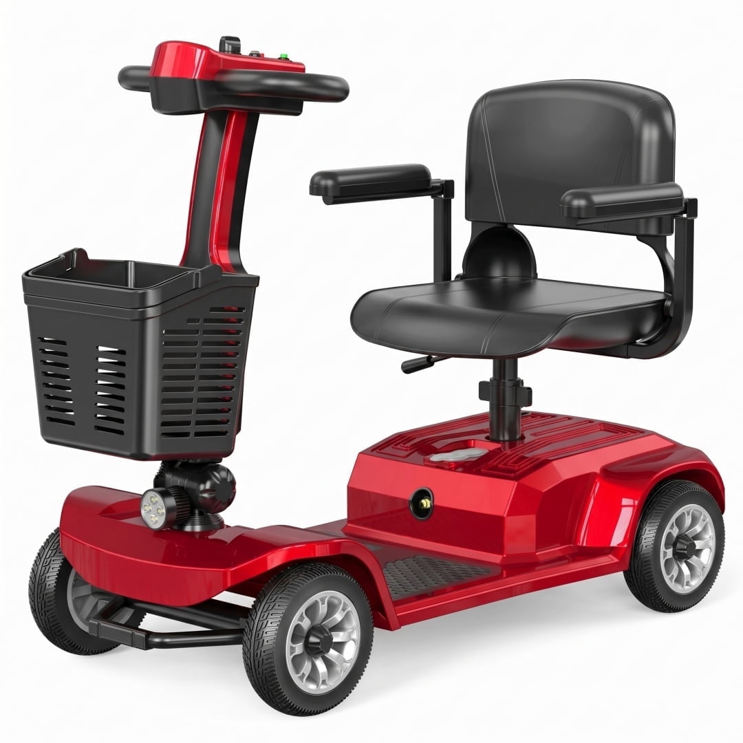 BoVellt Red 12Ah Foldable 4-Wheel Mobility Scooter Portable Lightweight Electric Scooter Basket for Seniors Elderly Disabled