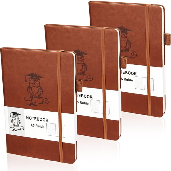 EHWINE 3Pack Lined Journal Notebooks with Pocket- A5 Leather Notebooks for Note Taking, 100gsm Thick Paper, Medium 5.7 x 8 inches Writing Journals for Men Women Home Work Business College School