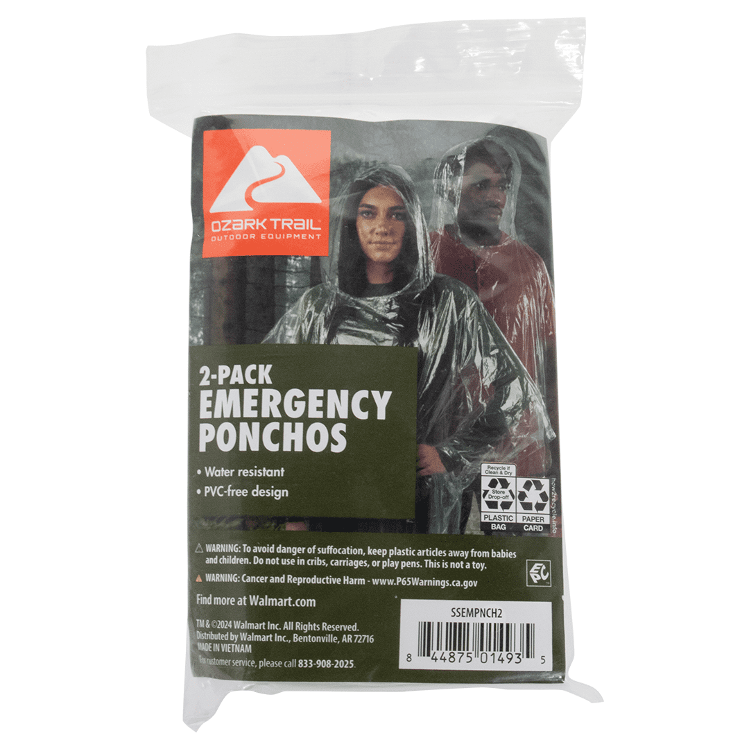(2 pack) Ozark Trail Clear Emergency Poncho - 2 Pack