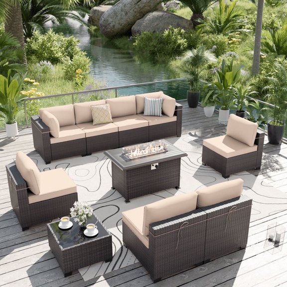 ALAULM 10 Pieces Patio Furniture Set with 43" Propane Fire Pit Table & 8 Seat Cushions(Sand)