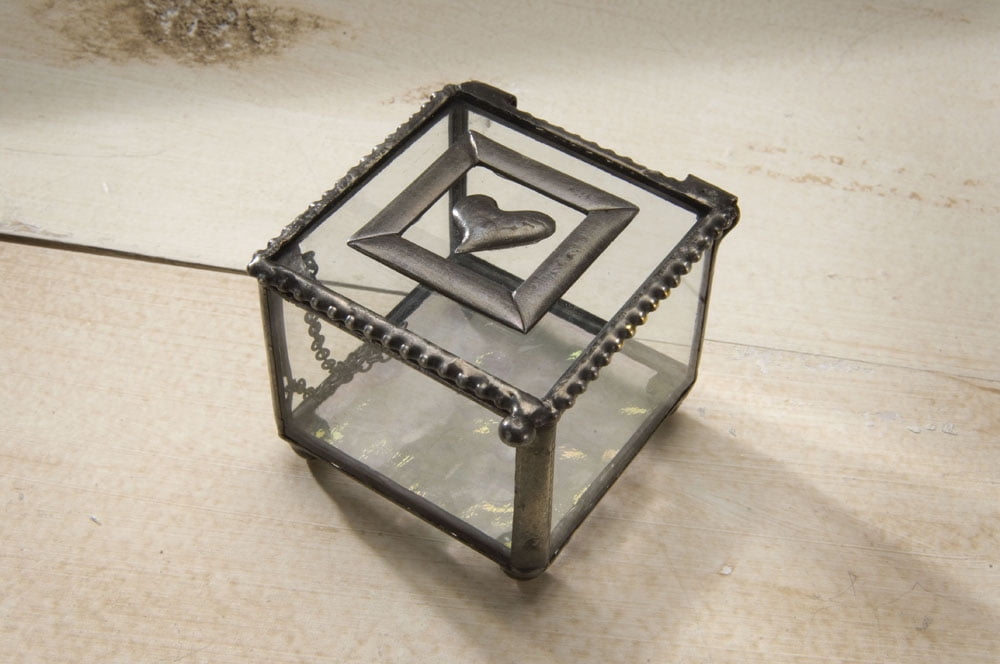 Clear Glass Jewelry Box with Decorative Heart Accent Keepsake Trinket Storage - J Devlin Box 622