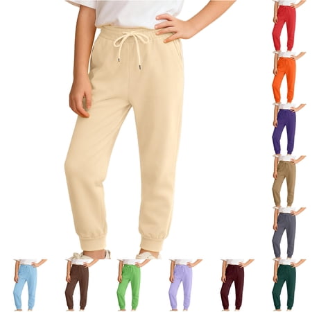 CUZIBR Boys Pants Solid Color Jogger For Kids Big Youth Autumn Winter Sweatpants With Pockets Comfortable Casual Athletic Sportswear Trousers Beige 2-3 Years
