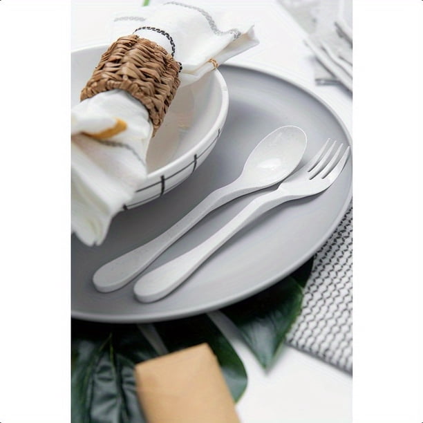 QUTETN Eco 24pcs Fork Knife Spoon Plant Based Cutlery Reusable Bamboo Flatware Set White
