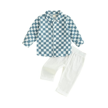 

Canis Checkerboard Print Button Shirt and Elastic Pants 2 Piece Outfits for Boys