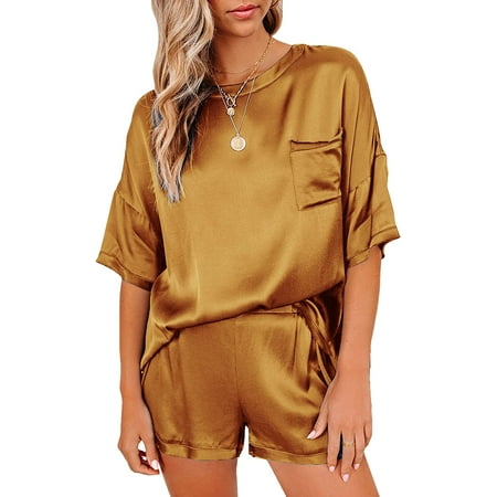 

Women s Satin Silky Pajama Set Short Sleeve T-shirt With Shorts Set PJ Loungewear