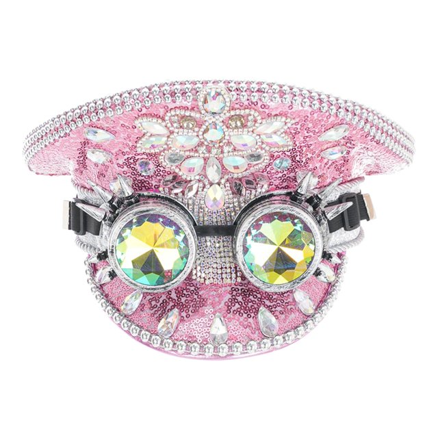 Sombrero plano con diamantes de imitación y gafas con purpurina Yinane sombrero de fiesta para Halloween Rosa