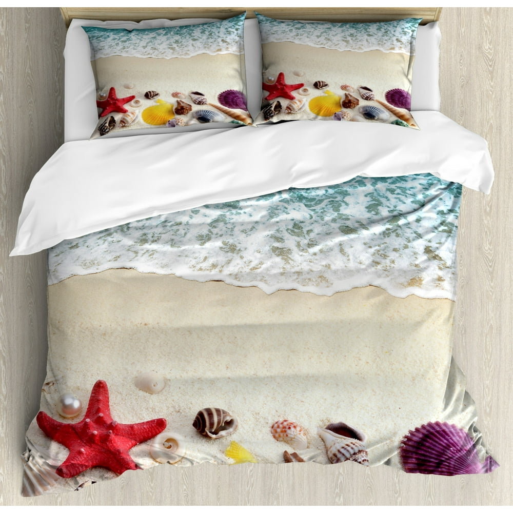Beach Duvet Cover Set, Sea Shells on Sandy Coast Tropical Island Shore Summertime Travel