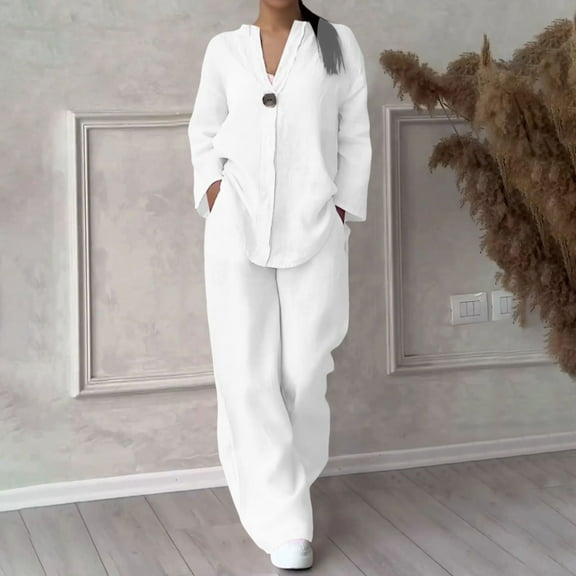 Women's Casual Sets Solid Color Button Long Sleeve Shirt High Waist Loose Pocket Pant Two Piece Top And Bottom Set Formal Dresses with Pants Puddle Pants Women Pants for Women Women's Dressy Pant