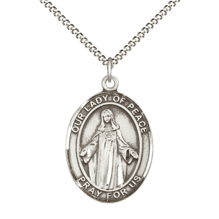 Pewter Our Lady of Peace Medal Pendant on 18 Inch Rhodium Plated Lite Curb Brass Chain with Lobster Claw Clasp,Catholic Religious Necklace -Made in USA- Deluxe Velvet Gift Box
