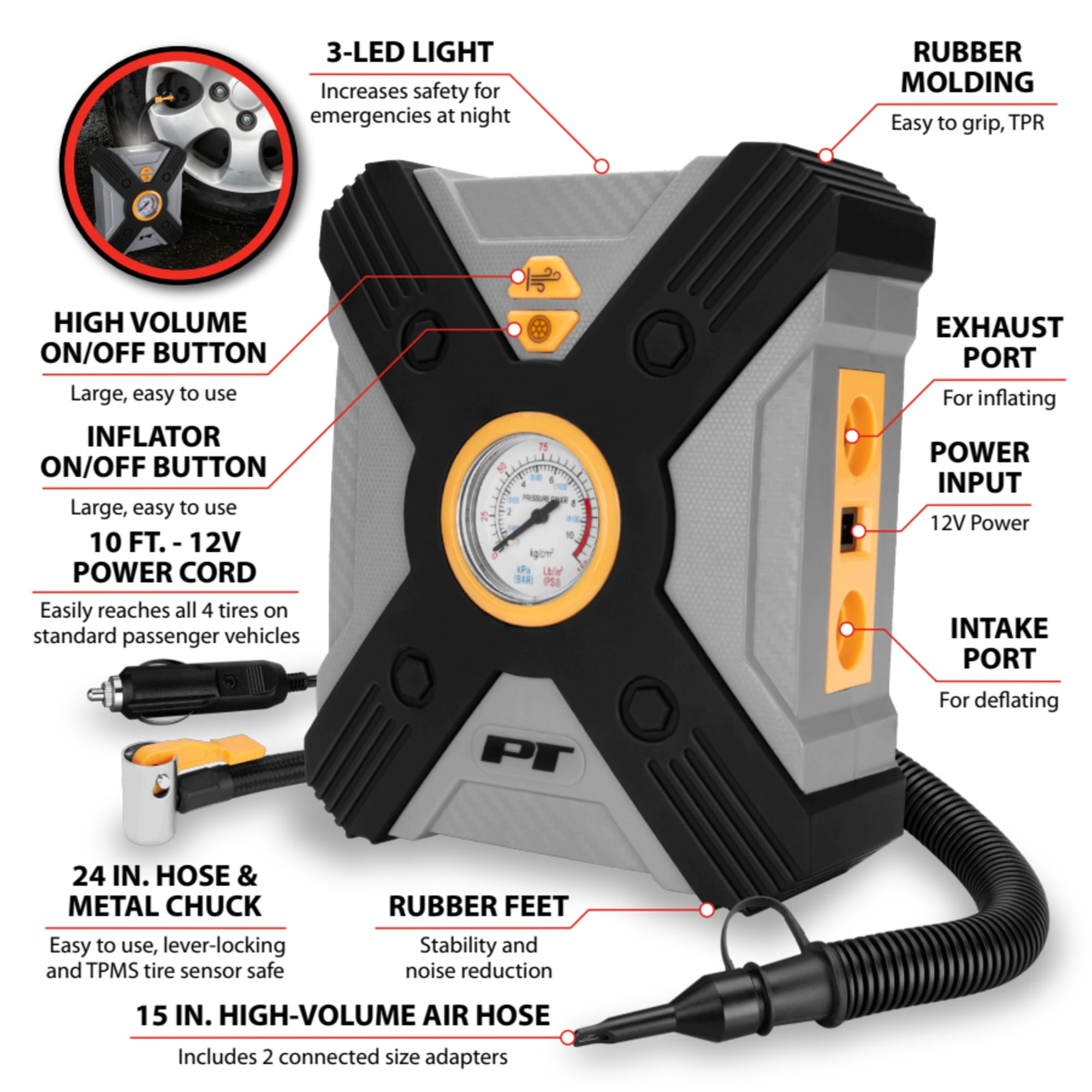 Performance Tool Vortex W7903 12V Raft & Tire Inflator, Lever-Locking Air Chuck, Long Power Cord, Three Nozzles, Gray