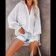 thumbnail image 4 of Camisas de Rayas con Botones para Mujer, Cuello Abullonado, Larga, Blusas Fruncidas Extragrandes con Bolsillo. Rayas Blancas 5XL, 4 of 10