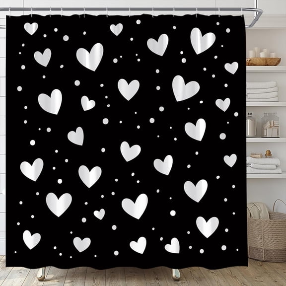 Valentine''s Day Shower Curtain Black White Heart Polka Dot Sweet Romantic Love Creative Bathroom Curtains Decor Fabric Set Include Hooks,(70" WX70 H)