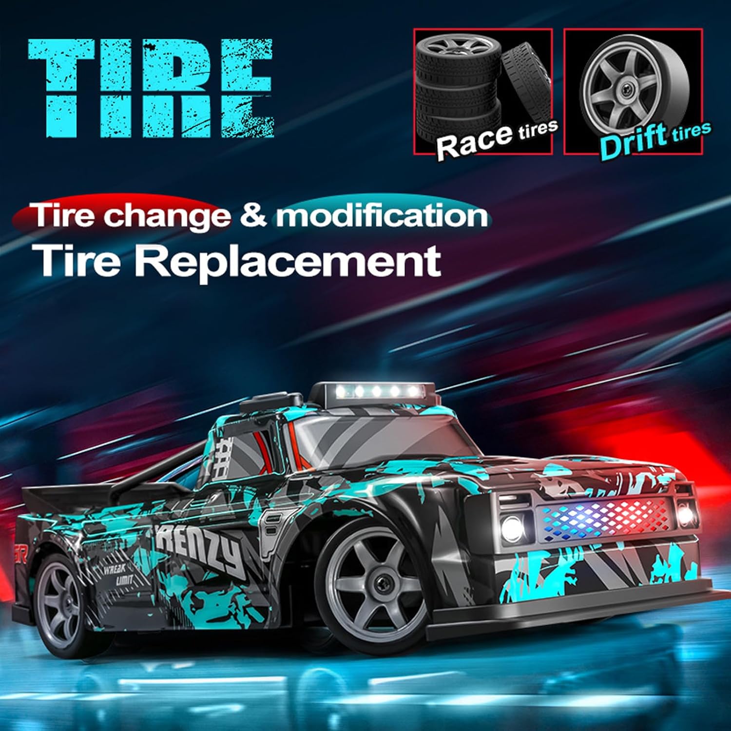 1:16 RC Drift Car, 25KM/H 4WD High Speed Remote Control Cars for Kids, with LED Lights, Two Batteries, Extra Tires, Drift RC Cars for Adults