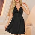 thumbnail image 4 of Feancey Halter Nightgowns for Women Lace Deep V Nightshirts High Side Slit Empire Waist Sleep Dress Milk Silk Soft Nightdress Loungewear Holiday Clearance Black XL, 4 of 8