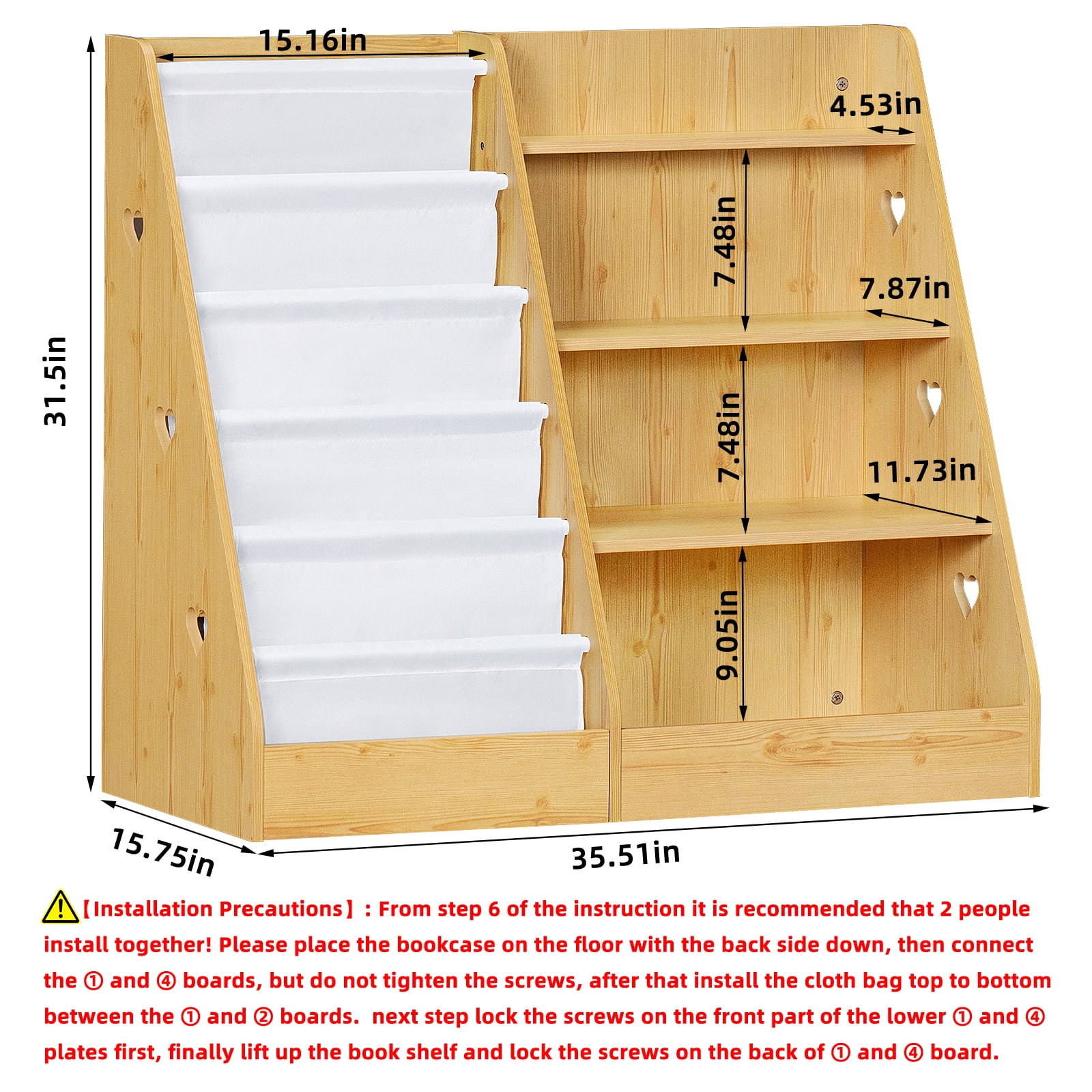 LELELINKY 35.5"Wide Large Kids Bookcase, 4-Tiers Kids Book Organizer Bookshelf with 5 Layer Sling, Wooden Bookshelf for Kids Room