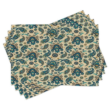 Ambesonne Retro Place Mats Set of 4, Vintage Colorful Floral, Standard Size, Yellow Blue Cream