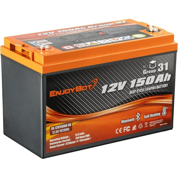 Enjoybot 12V 150Ah LiFePO4 Lithium Battery Self-Heating, Group 31 Lithium Battery, Built-in 150A BMS and Bluetooth, 1920W Load Power with 6000  cycles Perfect  for Golf Cart RV Trolling Motor Solar