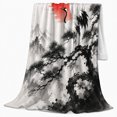 thumbnail image 2 of Red-Crowned Cranes Pine Branch Ink Wash Art, Peaceful Mountain Lake Scene, Warm Flannel Blanket for Cabin and Lodge, Outdoor Lovers Camping Gift, Rustic Home Decor, 2 of 9