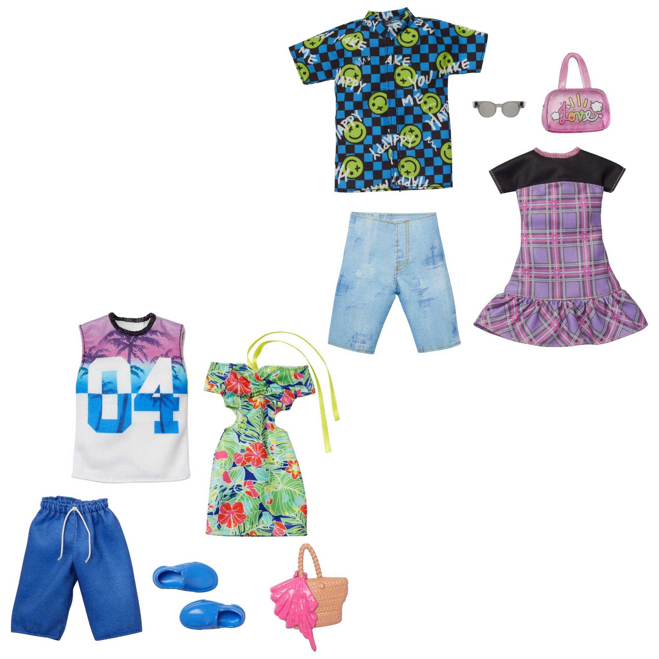 Barbie Ken Pack with Doll Clothes Accessories for Each Plaid Dress Smiley Shirt 2 Outfits
