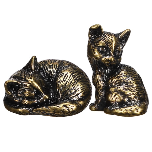 ColoMX Figuras de gato de latón, decoración de esculturas de gato en miniatura, decoraciones de gato de latón, adornos de gato pequeños para el hogar y la oficina, 2 uds.