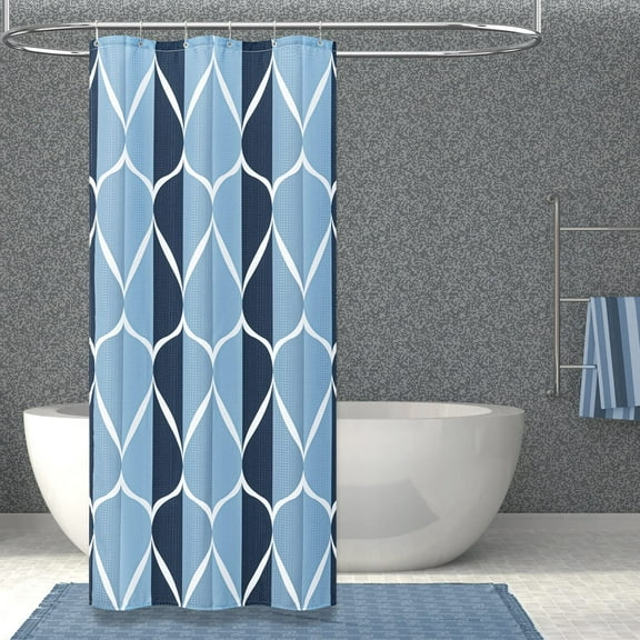 Shower Stall Curtains, 36 Inches Narrow Waffle Weave Weighted Fabric Shower Curtain Set with 6 Metal Hooks, Half Modern Geometric Dorm Heavy Duty Shower Curtains for Bathroom - 36x72 - Navy Blue