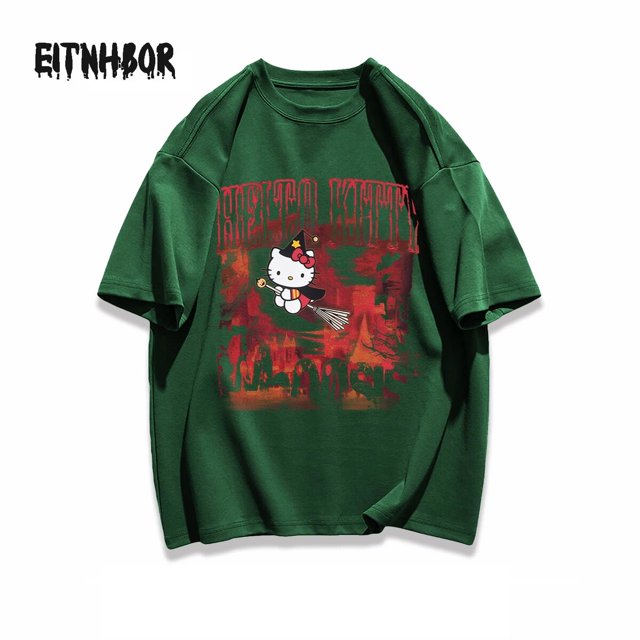 Camiseta Kawaii Hello Kitty Anime Sanrio Y2K algodón puro manga corta moda calle americana Retro suelta amantes Top