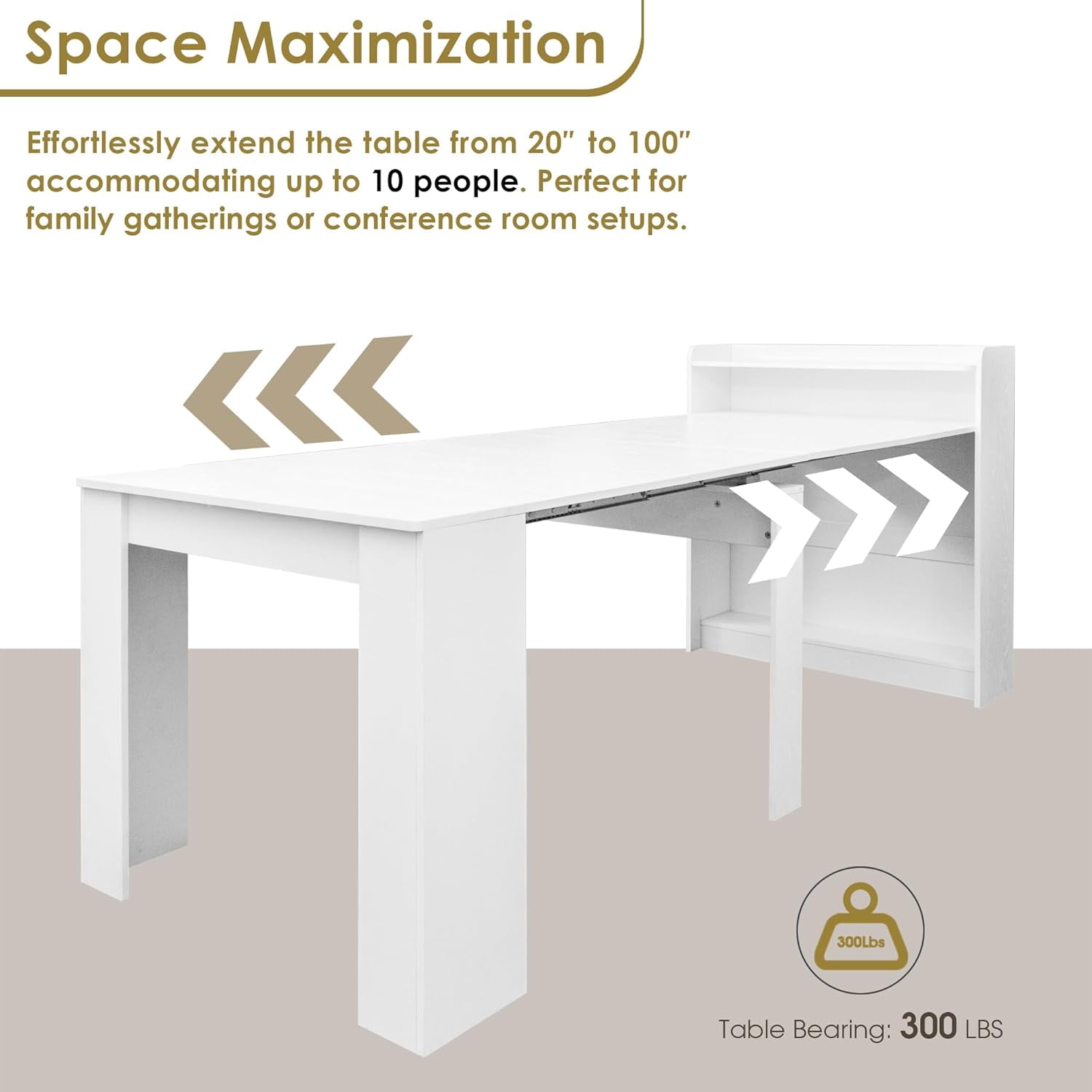 20"-99" White Extendable Dining Table with Storage for 2-10 People, Modern Modular Extension Table, Space-Saving Extra Long Folding Dining Table, Multifunctional Conference Meeting Table