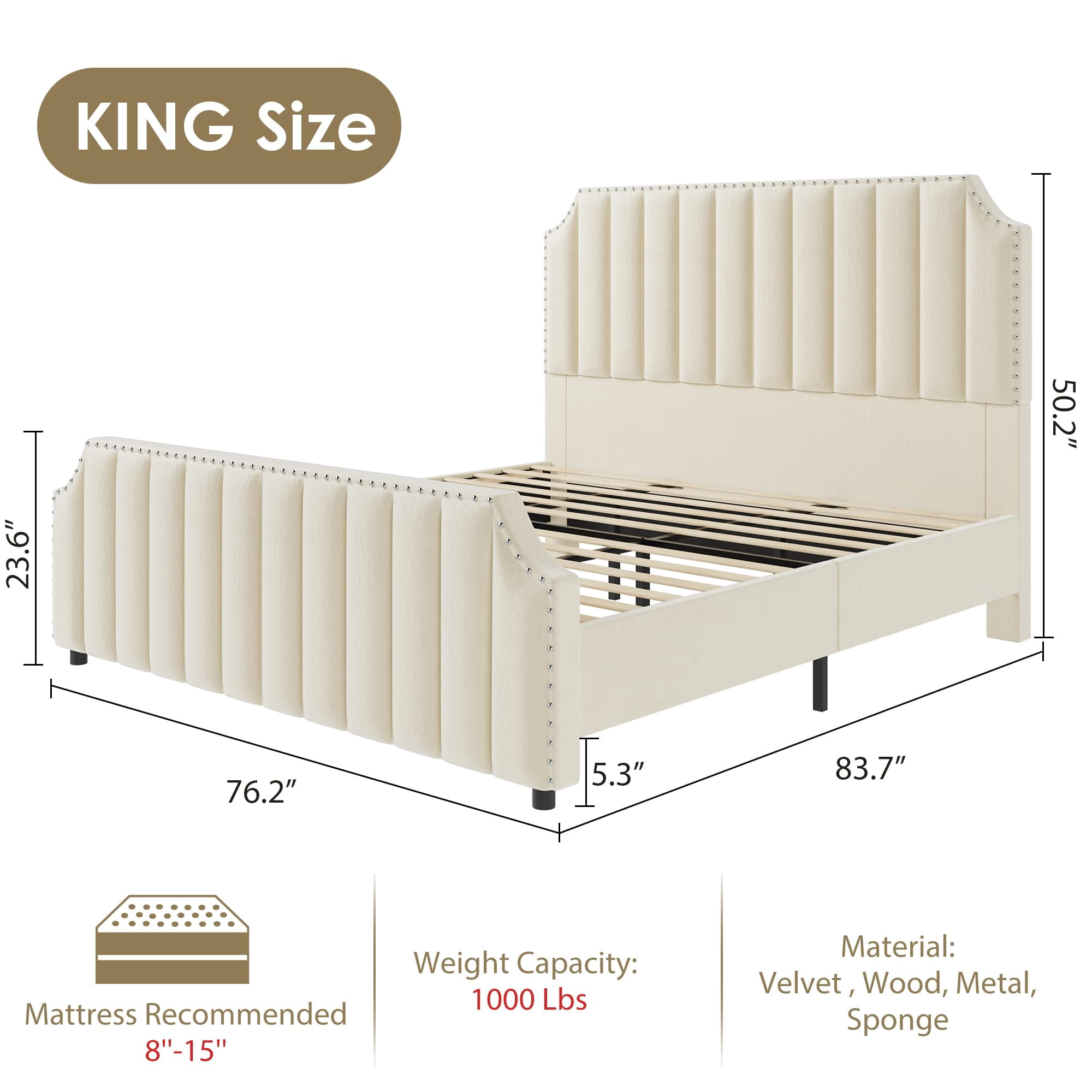 King/Queen Size Bed Frame, Upholstered Platform Bed with Tall Headboard, Velvet Vertical Channel Tufting & Nailhead Trim, No Box Spring Needed, Easy Assembly