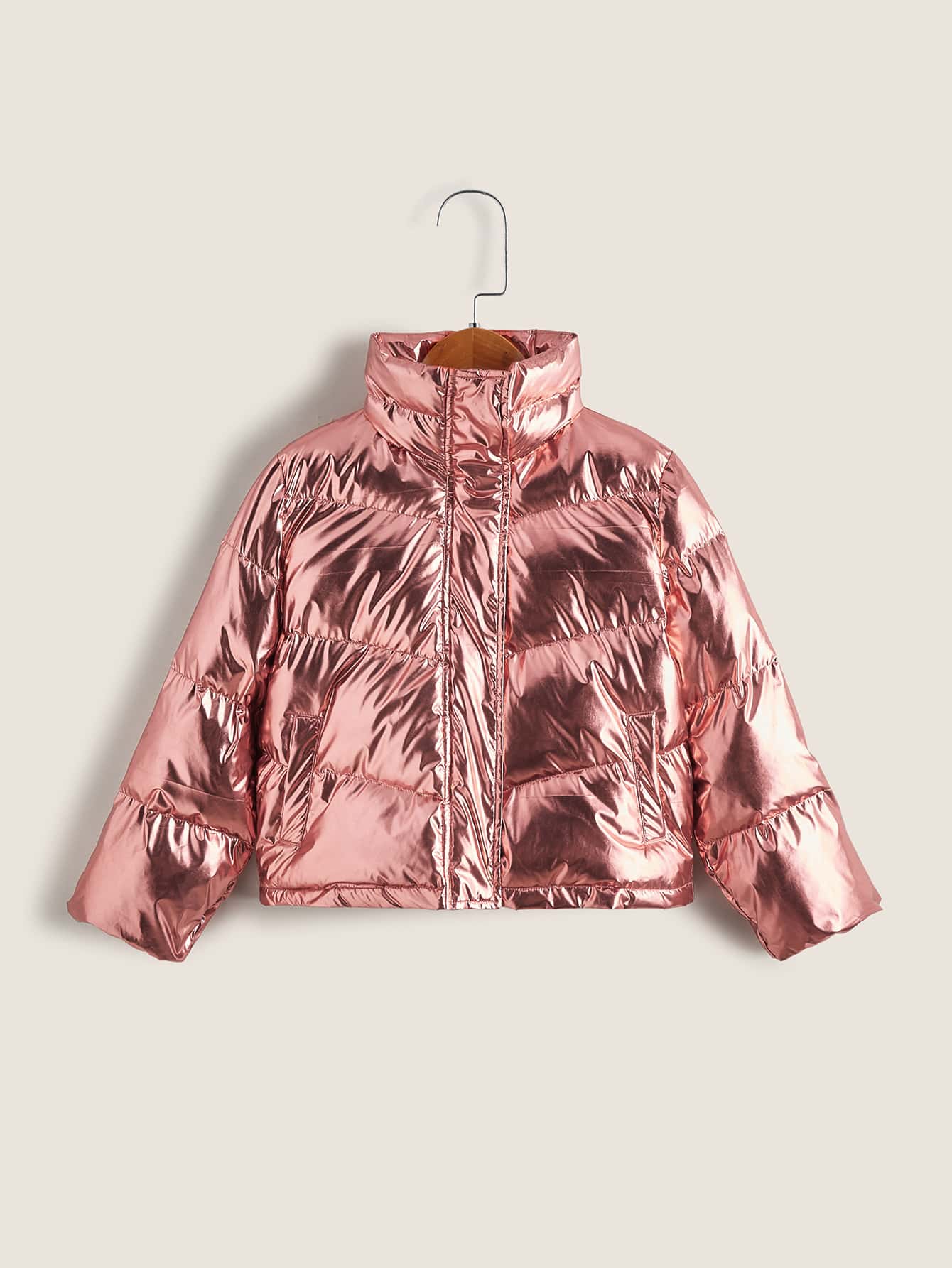 Pink Casual Girls Metallic Puffer Coat 