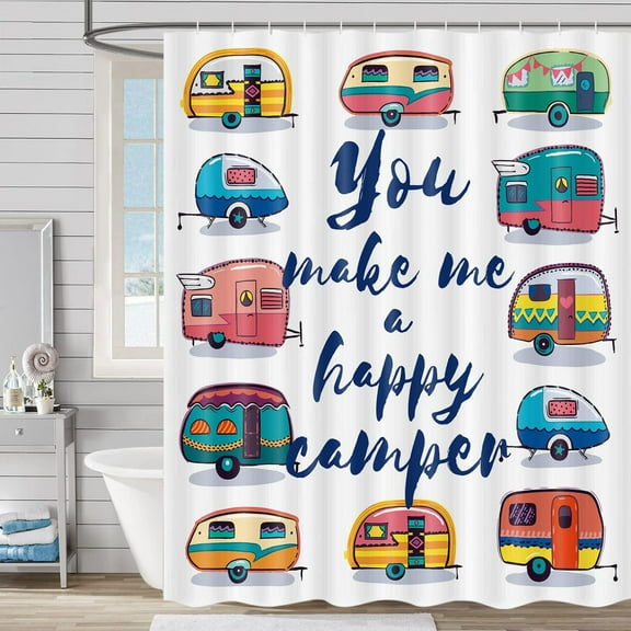 RV Shower Curtain for Camper Trailer Camping Bathroom, You Make Me A Happy Camper, Stall Shower Curtain with Hooks Set, 72X72in