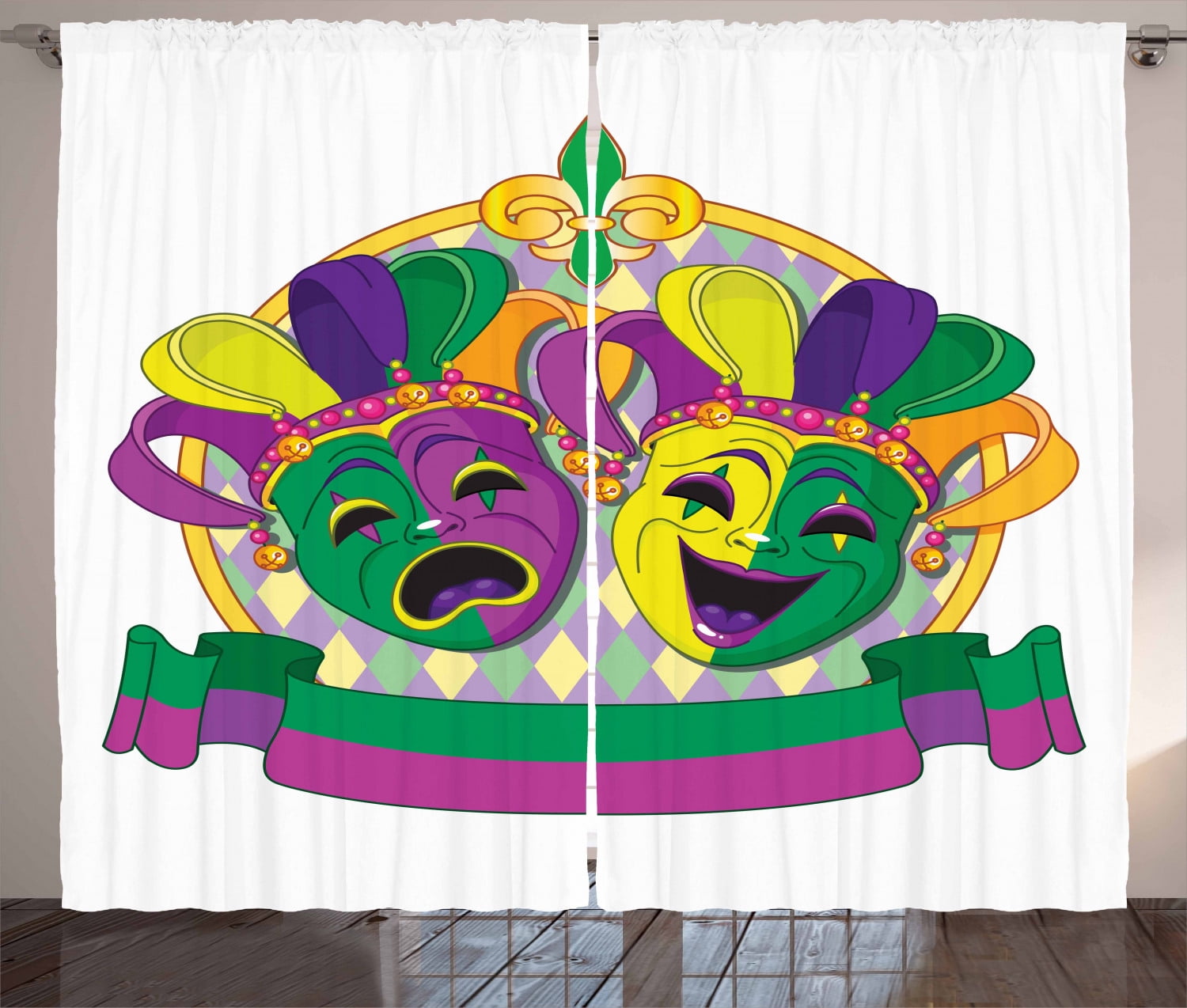 New Orleans Curtains 2 Panels Set, Traditional Mardi Gras Comedy and