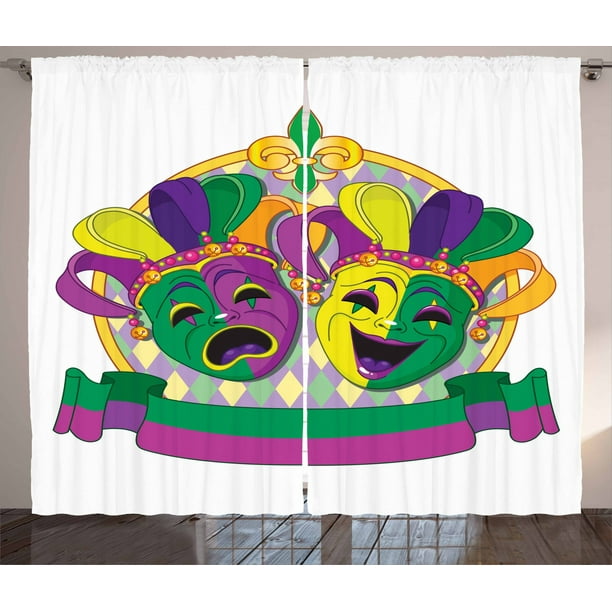 New Orleans Curtains 2 Panels Set, Traditional Mardi Gras Comedy and