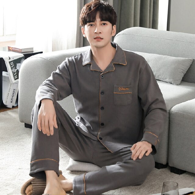 PIKADINGNIS Autumn Winter Mens Cotton Pajamas Button Lapel