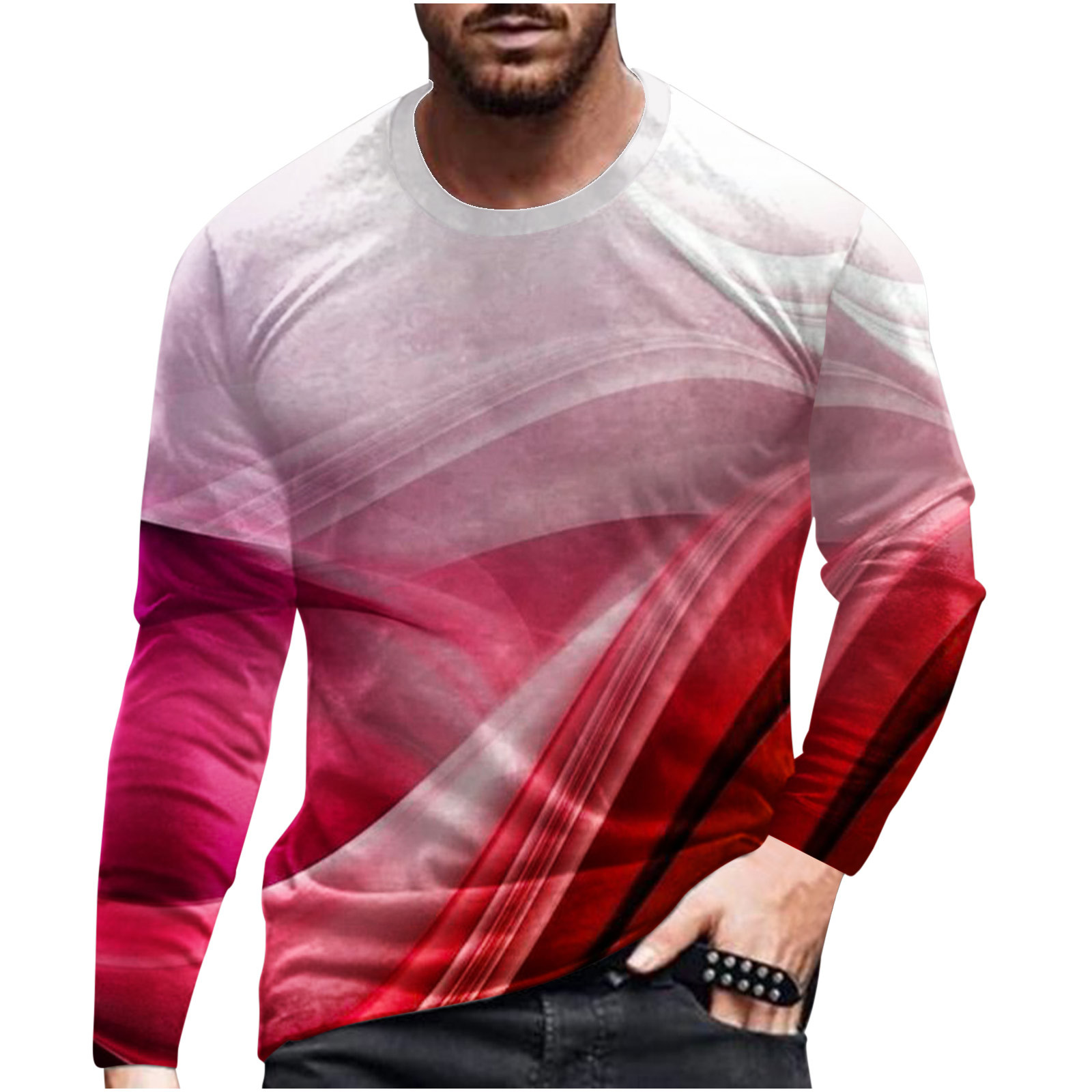 SMihono Clearance Crew Neck T Shirts for Men Color Contrast Trendy Pullover  Long Sleeve Fashion Mens Blouse Tops Line 3D Print Slim Fit Casual Male  Leisure Watermelon Red