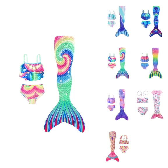 Girls Scale Print Two-Piece Swimsuit with Detachable Skirt, Tail Piece & Ruffle â Adjustable Summer Beach Bathing Suit for Kids Ages 3-7 Years