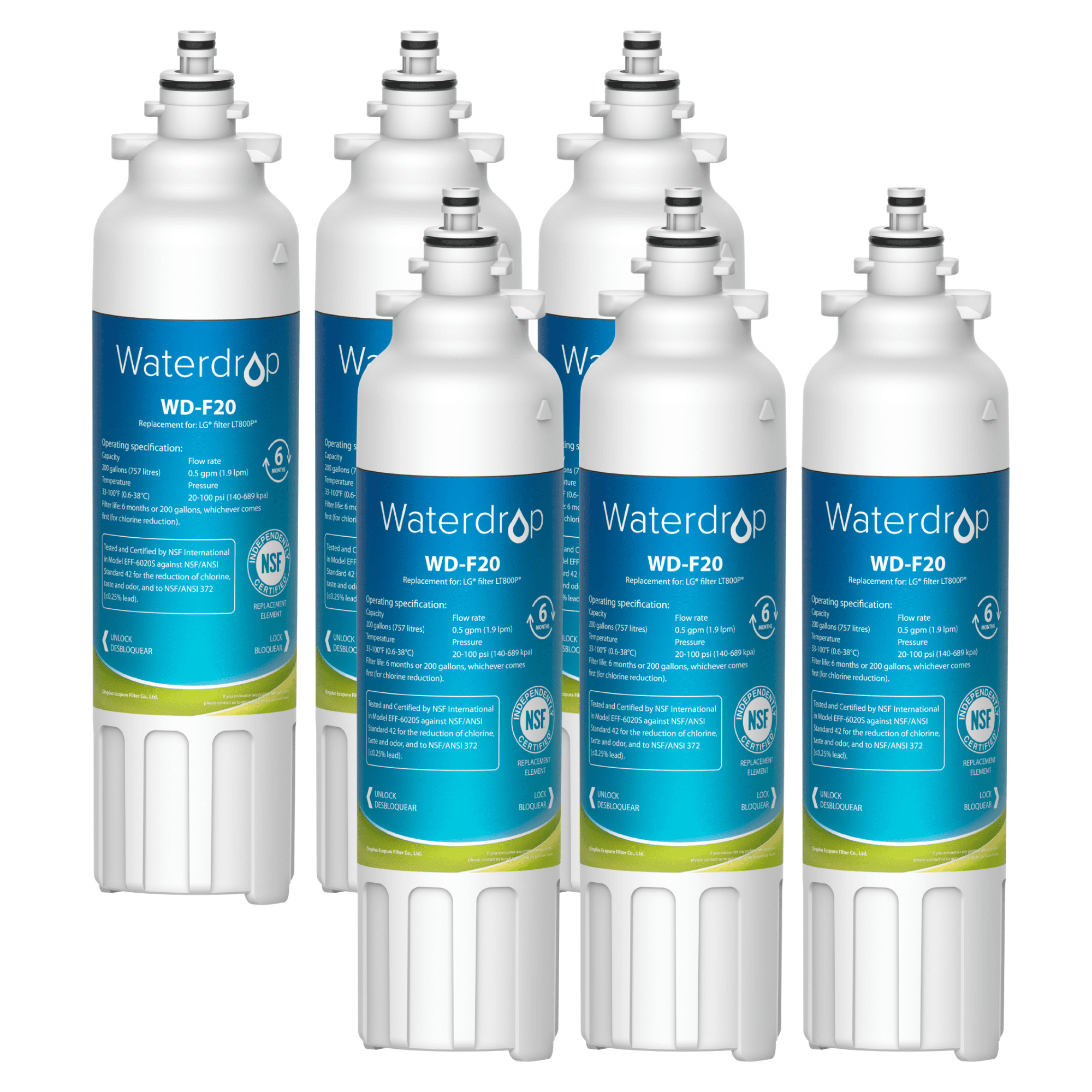Waterdrop ADQ73613401 Replacement for LG® LT800P®, ADQ73613402, ADQ73613408, ADQ75795104, Kenmore 9490, LSXS26326S, LMXC23746S, LSXS26366S Refrigerator Water Filter,  Pack of 6 ( package may vary)