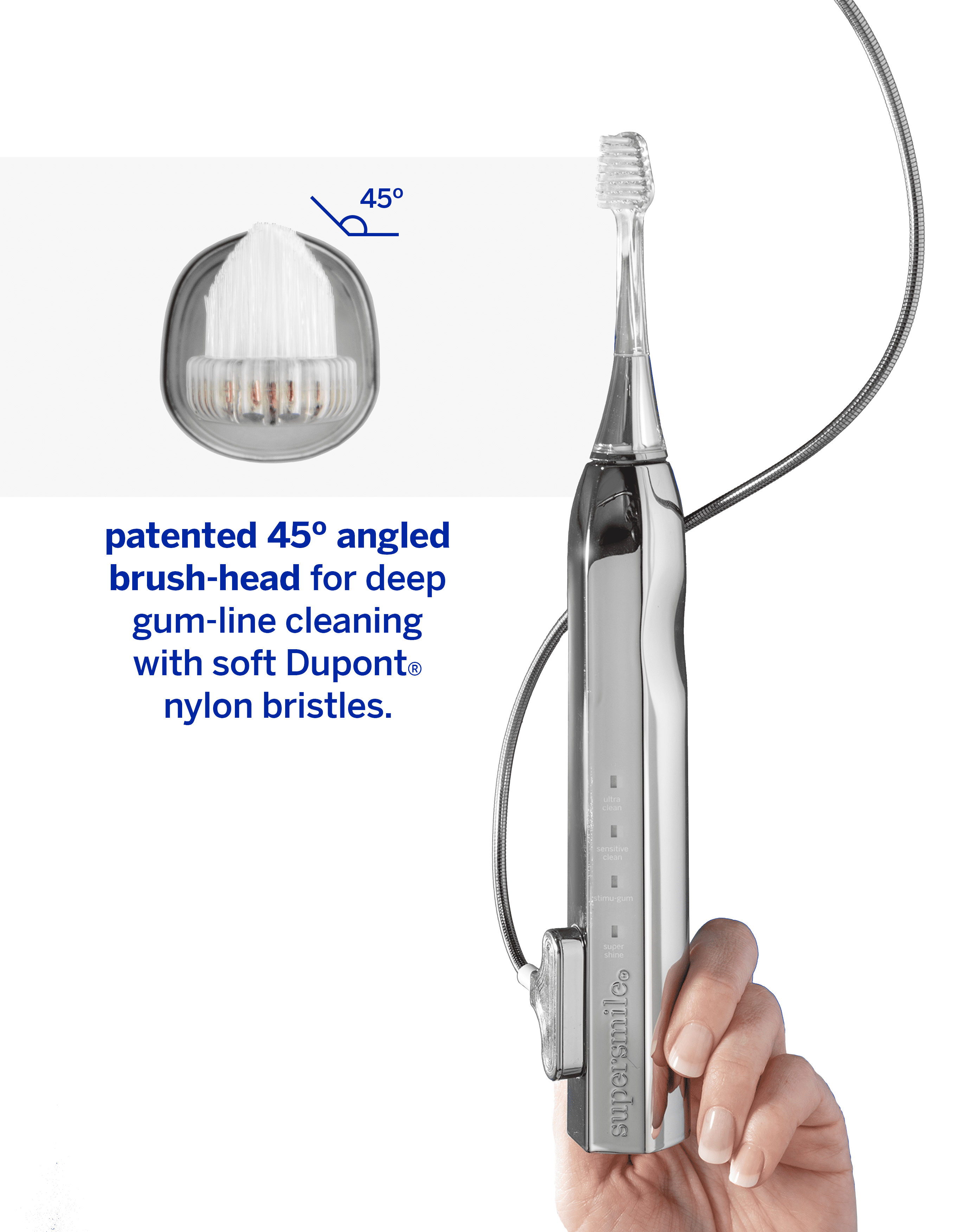 Supersmile Zina45 Sonic Pulse Electric Toothbrush - Rechargeable Whitening Toothbrush w/Polishing Head - 4 Cleaning Modes, Silver