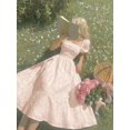 thumbnail image 2 of Pink Embossed Floral Midi Dress With Puff Sleeves Square Neck Fitted Waist, 2 of 8