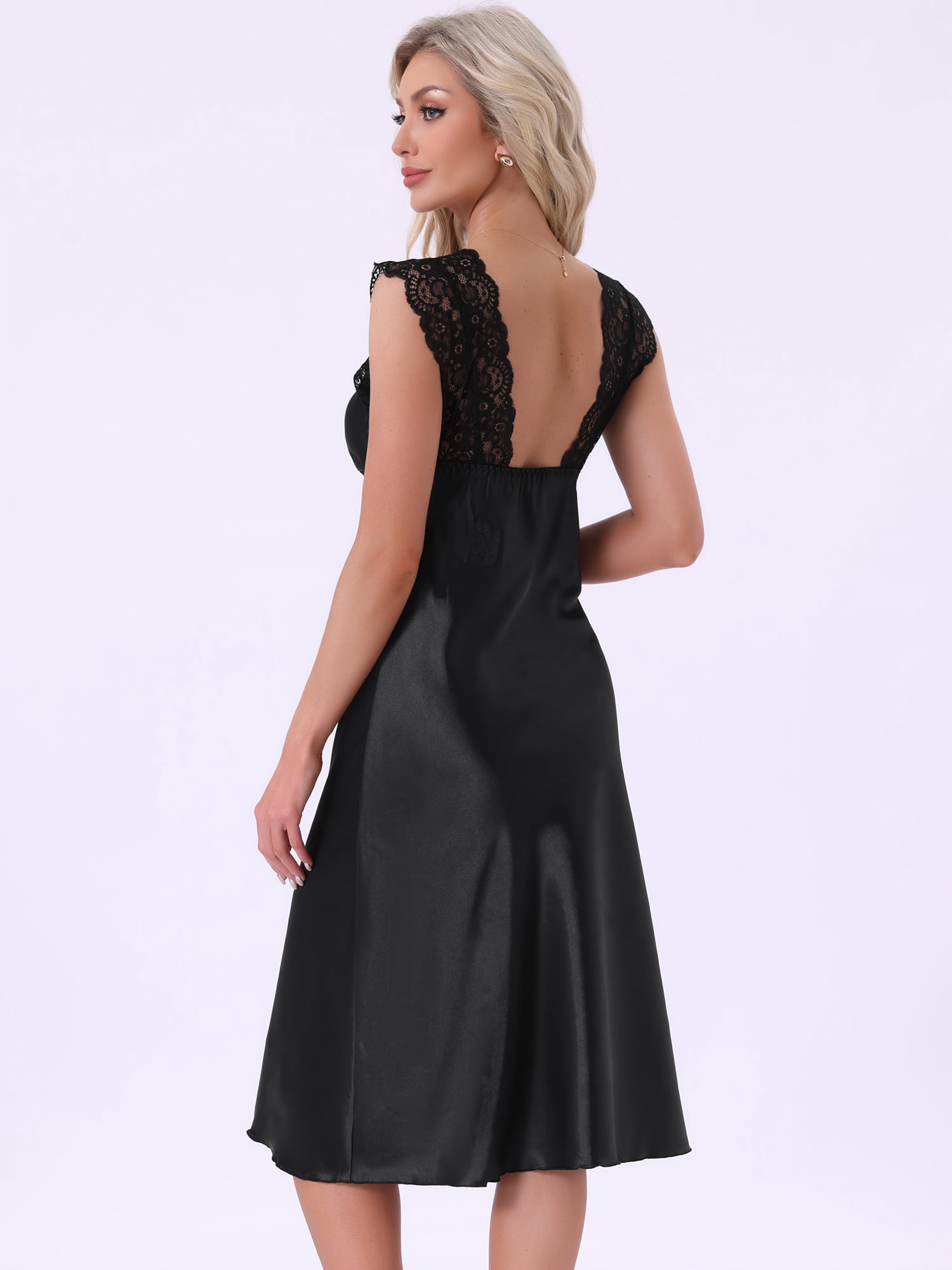 DARING DIVA Women's Satin Tank Lace Trim V-Neck Sleepwear Pajama Dress L Black
