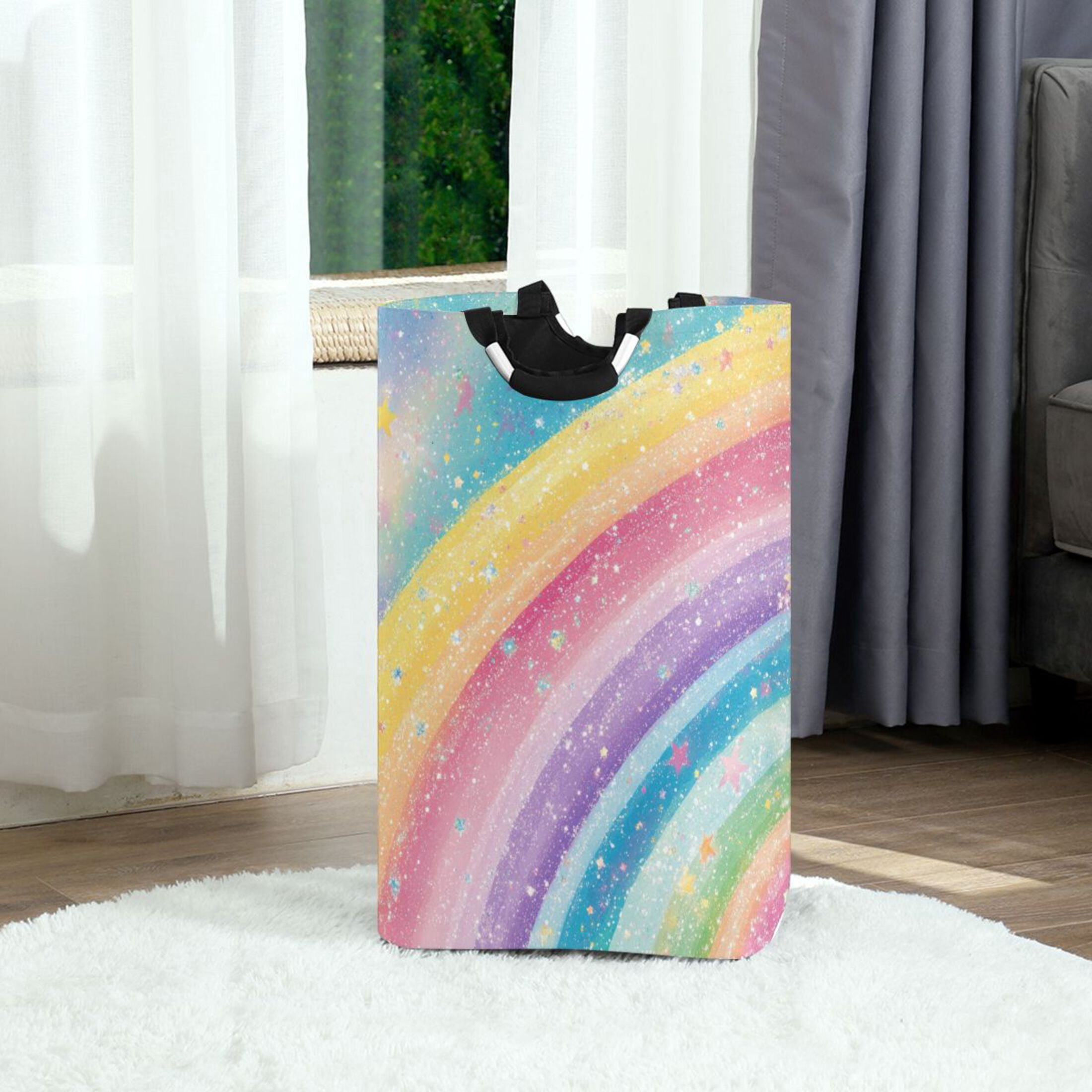 Laundry Basket Collapsible Laundry Basket Hamper with Handles for Dorm Clothes Toy Storage Glittery Rainbow