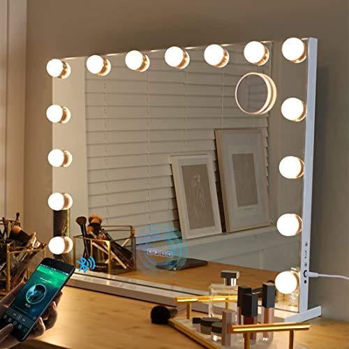 Miroir de courtoisie Fenair avec lumières et Bluetooth Miroir de courtoisie  Hollywood avec prise en charge des haut-parleurs, écran tactile, 3 modes de  couleur Miroir de table avec 15 ampoules à intensité