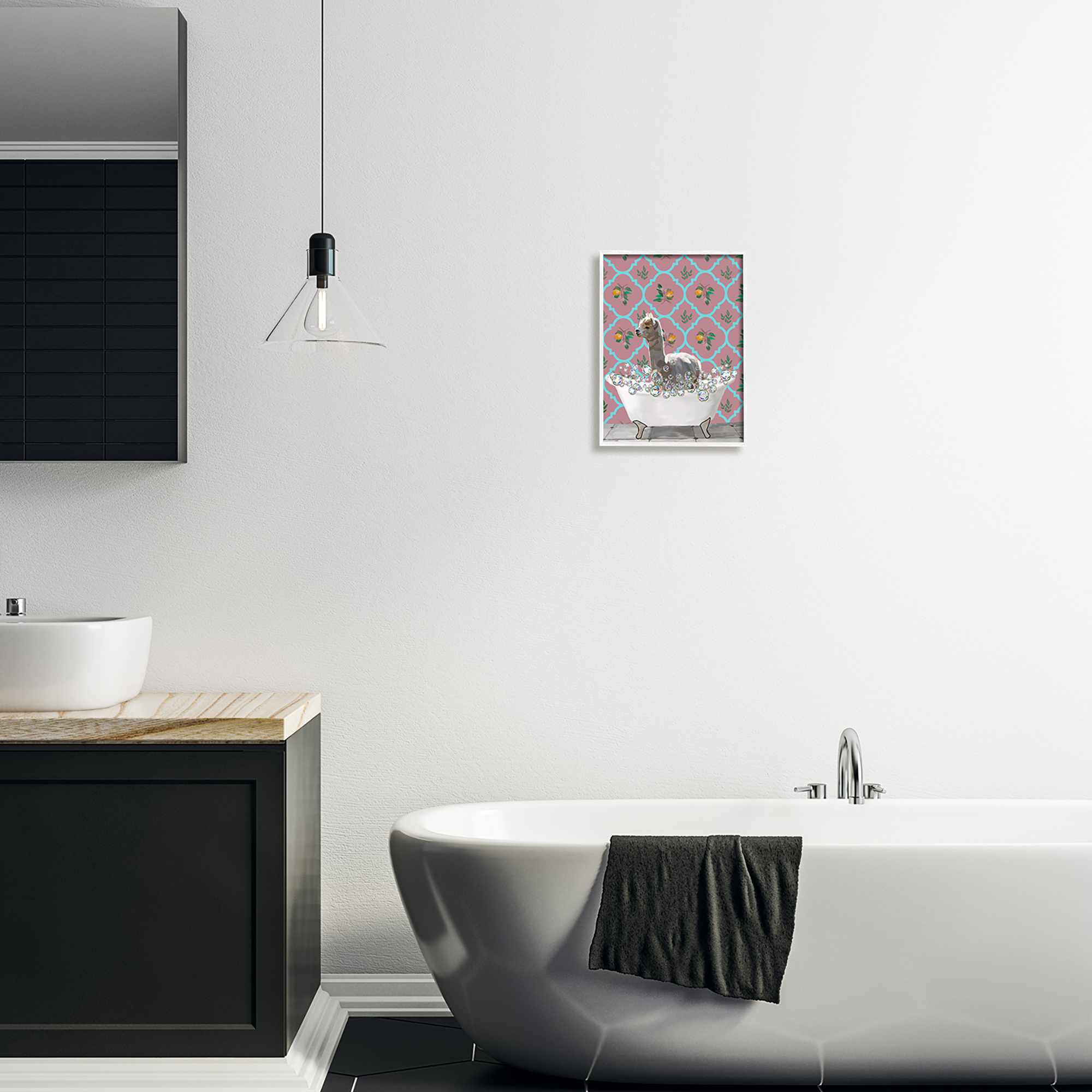 Stupell Industries Bathing Llama in Bathroom Animals & Insects Painting White Framed Art Print Wall Art, 11 x 14