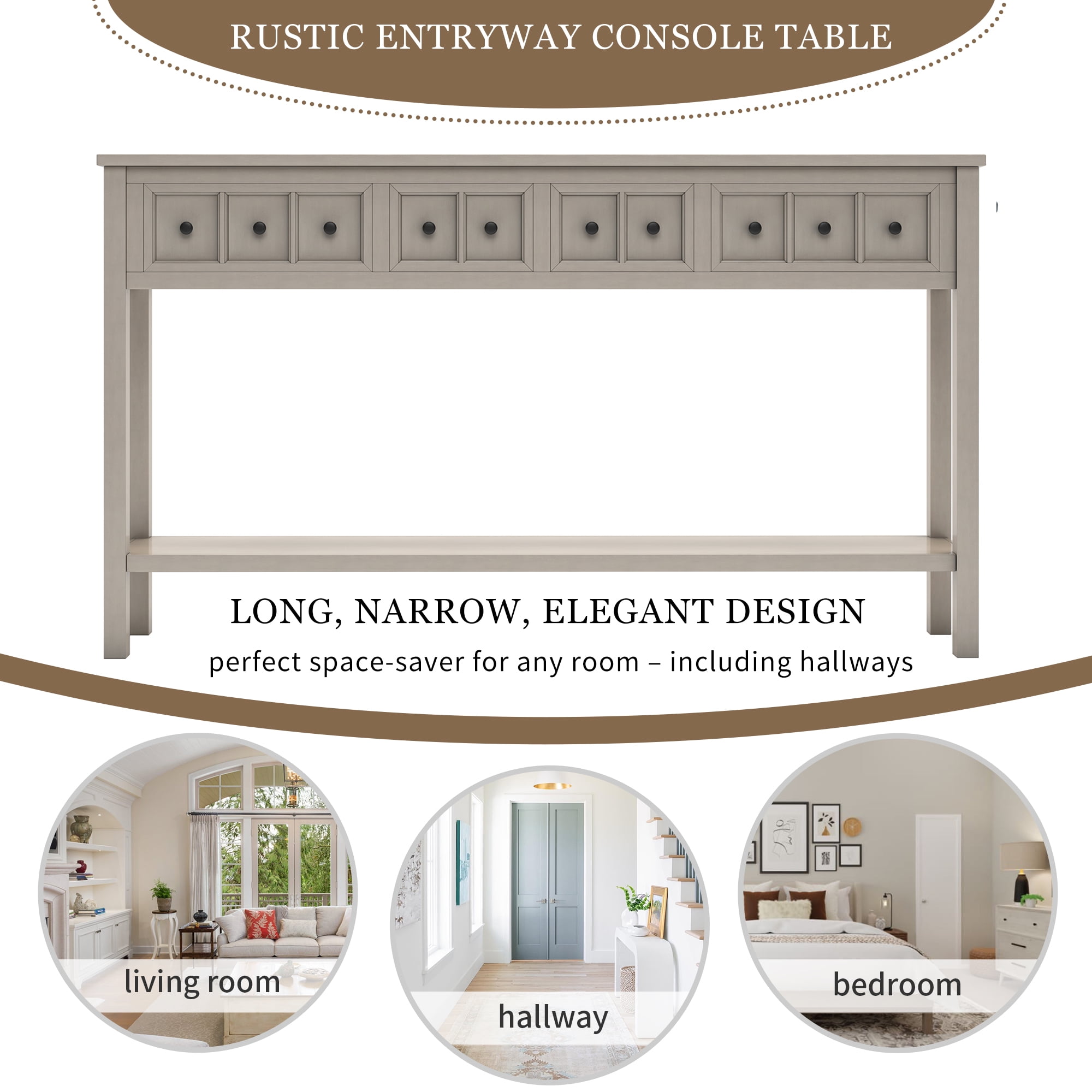 60in Entry Console Table with 4 Drawers and Bottom Open Shelf, Entryway Hallway Foyer Sofa Table, 220lbs Weight Capacity (Gray Wash)