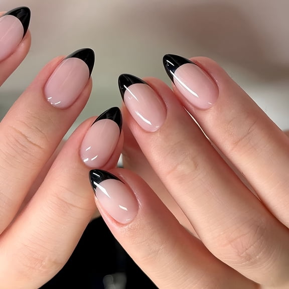 RAGUPEL 24X Black French Tip Full Covers False Nails Simple Press on Nails Short Almond on Nails Acrylic Nails for Daily